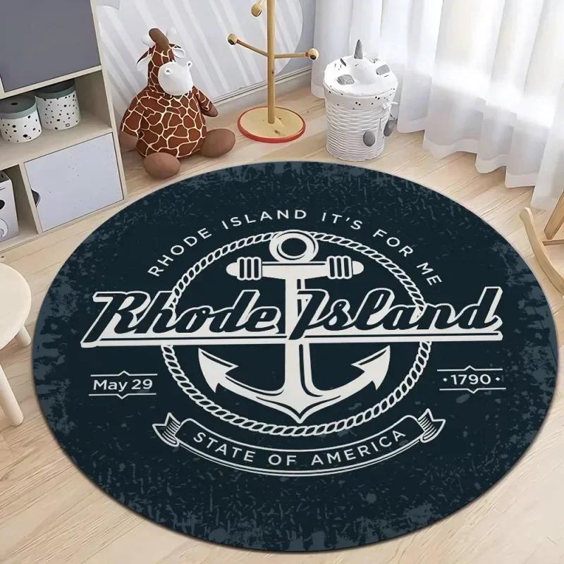 Nautical Style Round Area Rug – Printed Soft Plush Carpet for Living Room or Bedroom – Non-Slip, Machine-Washable Floor Mat