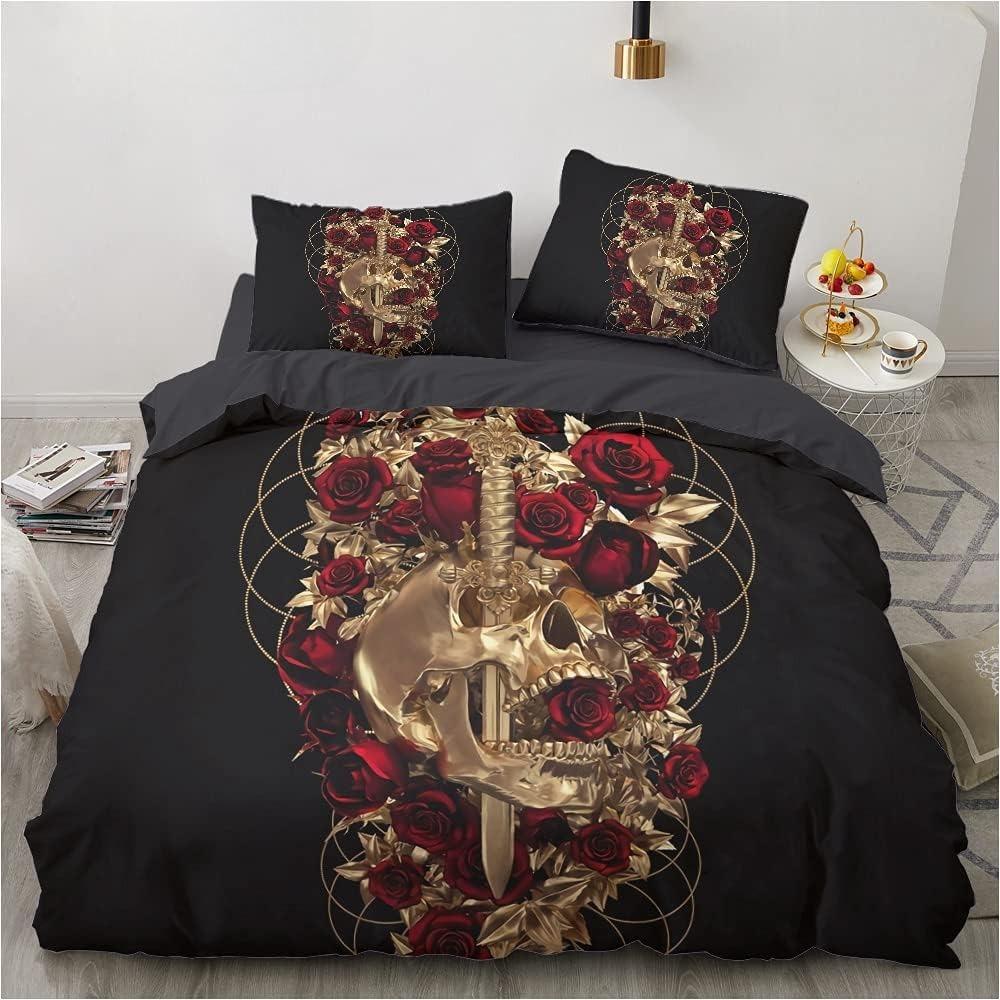 3D printed Gothic skull rose microfiber duvet cover soft and comfortable 3-piece bedding set with zipper and 2 pillowcases