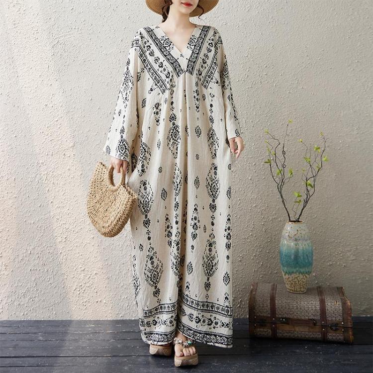 Casual Dresses - Plus Size Women Floral Vintage Long Dress Loose Oversize Maxi Casual Basic Long Sleeve Spring Printing Dress