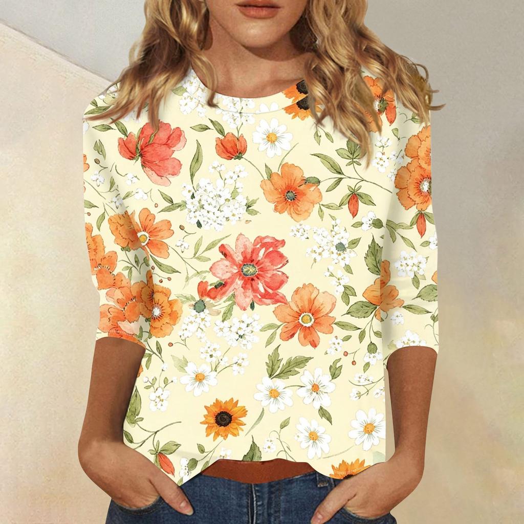 Women’s Casual Three Quarter Sleeve Floral Print Crew Neck Top Loose Fit Lightweight Comfortable Blouse for Daily Wear