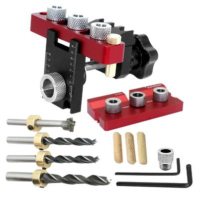 Kit de gabarito universal para cavilhas 3 em 1 para marcenaria, com guia de furação ajustável para furos em madeira e localizador de furos oblíquos.