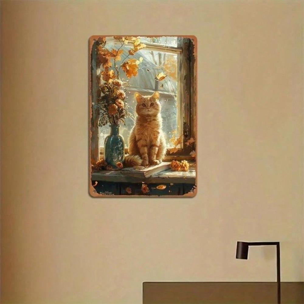Poster Metallico Vintage Gatti d'Autunno Arte Murale Rustica per Soggiorno