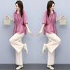 Set di Pantaloni Larghi alla Moda in Cotone e Lino da Donna Primavera Estate Dimagrante Elegante Anti-invecchiamento Taglia Grande Due Pezzi