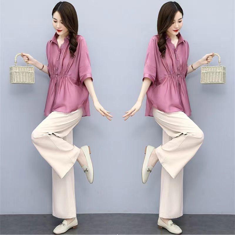 Set di Pantaloni Larghi alla Moda in Cotone e Lino da Donna Primavera Estate Dimagrante Elegante Anti-invecchiamento Taglia Grande Due Pezzi