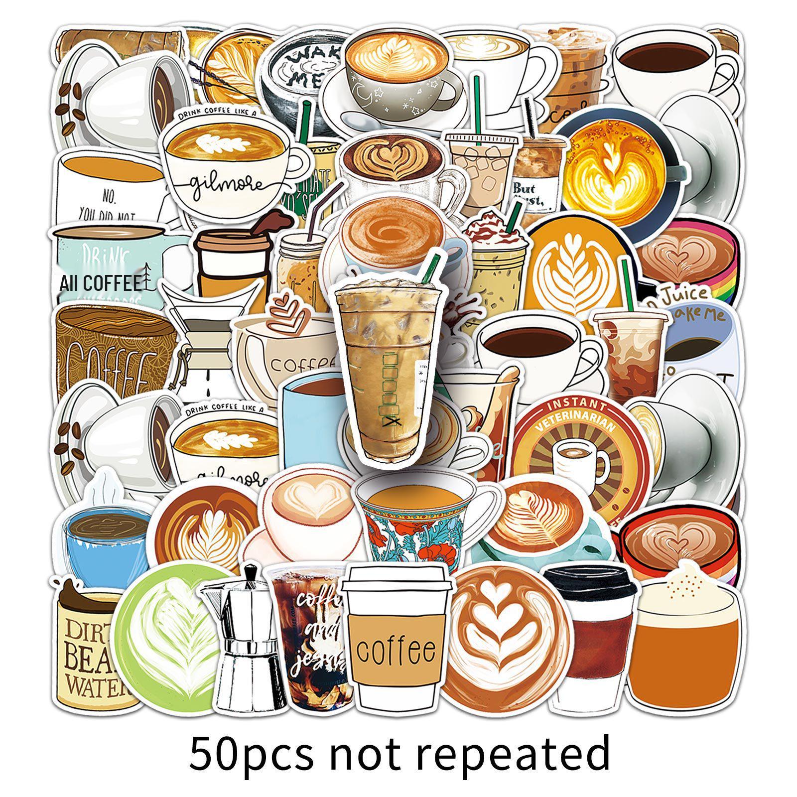 

50 Coffee Stickers Pack: Creative, Waterproof, Removable Cartoon Designs for Journals and Stationery