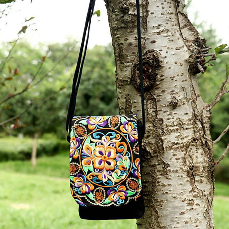 2025 New Ethnic Embroidered Canvas Crossbody Bag Embroidered Two-Layer Mobile Phone Bag Coin Purse