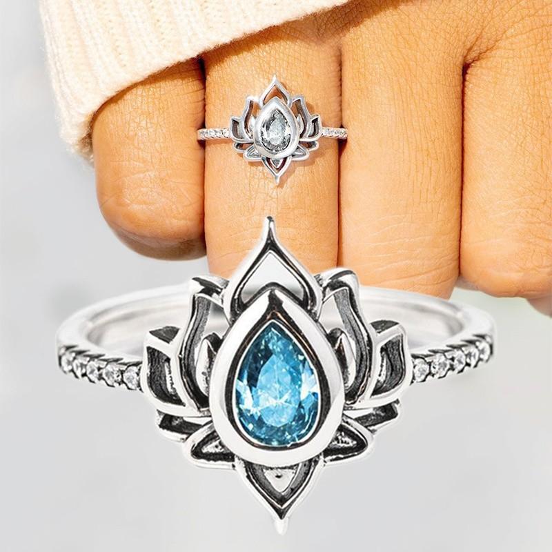 Huitan Aesthetic Lotus Flower Rings with Water Drop CZ Exquisite Women Finger-rings Fancy Anniversary Gift New Trendy Zircon