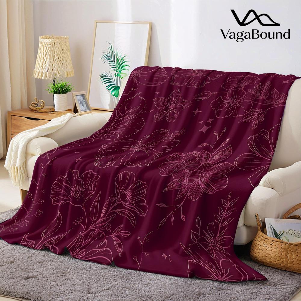 Burgundy Blooms Flannel Blanket Warm Soft Halloween Christmas Couch Warm Cozy Decorative Decor Gift for All Season