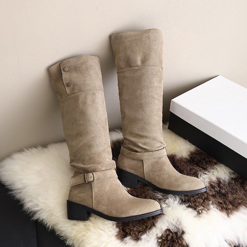 

Модные женские замшевые ботфорты на каблуке, трендовые ботинки на массивной подошве с пряжкой, 2025 Зима, новые длинные сапоги, дизайнерские классические туфли-лодочки, Zapatillas De Mujer 42 хаки