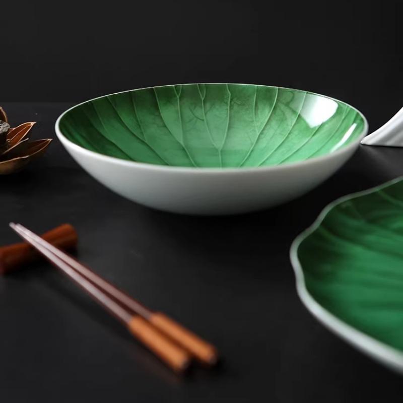 BEPAN 1PC Unique Green Lotus Leaf Plate Hotel Tableware Exquisite Ceramic Plates Creative Chinese Food Ceramic Dinnerware