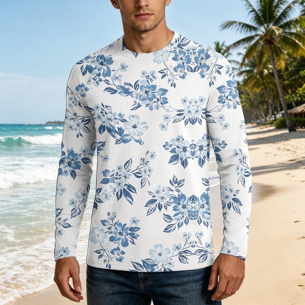 Men Long Sleeve UPF50 Plus Sun Protection Shirt UV Blocking Outdoor Sports Fishing Casual Top Floral Print Lightweight Fabric