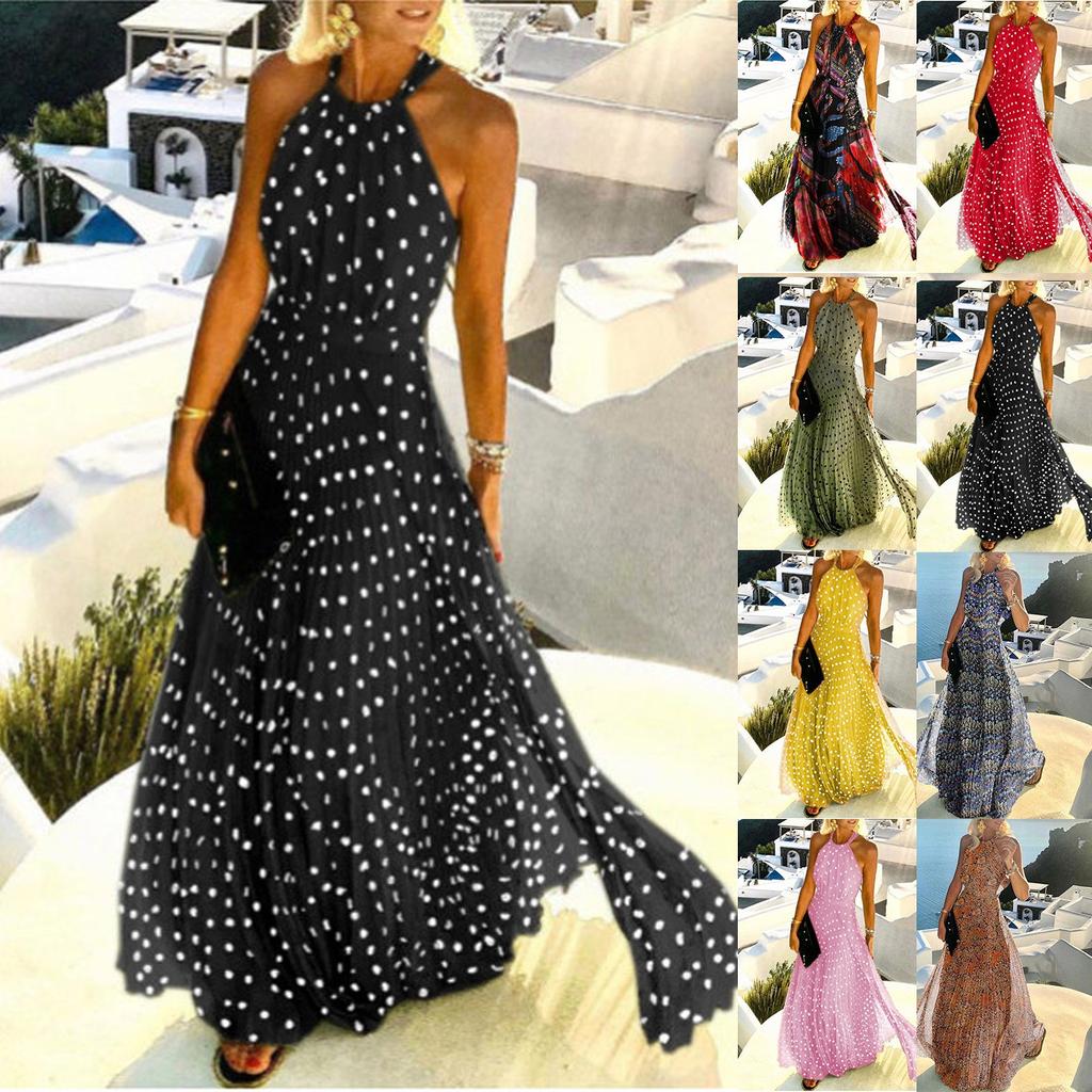 Fashion Women's Bohemian Print Round-Neck Mid-length Sleeveless Leisure Dresses