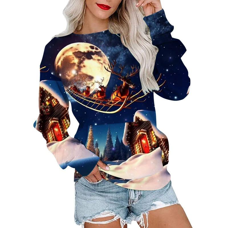 Autumn Winter Fashion Christmas Series Christmas Tree Elk Printed Pocket Round Neck Hoodie