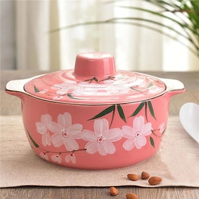22cm Japanese Style Hand-painted Cherry Blossom Underglaze Color Ceramic Soup Pot Kitchen Household Tableware Kitchenware