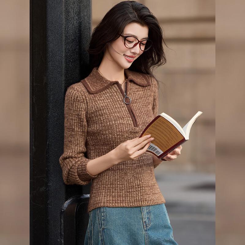 

Bailuyu Women s Retro Contrast Zipper Lapel Knit Sweater XL