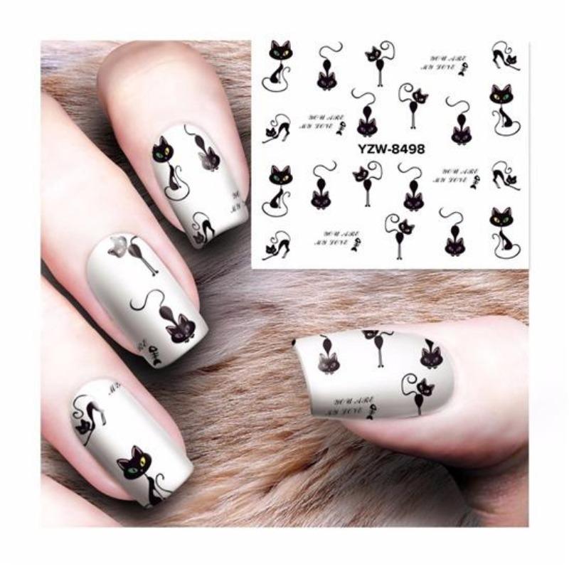 1 Arkusz 12 Rodzaje Woda Przenieś Nails Art Naklejka Kot Wzory Nail Wraps Naklejka