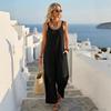 Round Neck Sleeveless Suspender Solid Color Jumpsuit With Pockets For Womens Summer Commuting Loose Casual Wide Leg Trousers