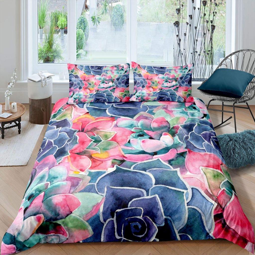 Floral Bedding Set 3pcs Cactus Succulents and Flowers Decor Comforter Cover Plant Soft Polyester Quilt Cover with 2 Pillow Cases