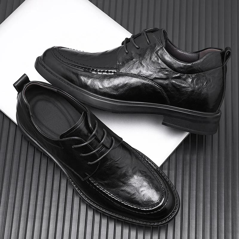 New Men Lace Up Dress Shoes Increase 8cm Cow Leather Breathable Invisible Heightening Shoes Business Casual Soft Men Derby Shoes