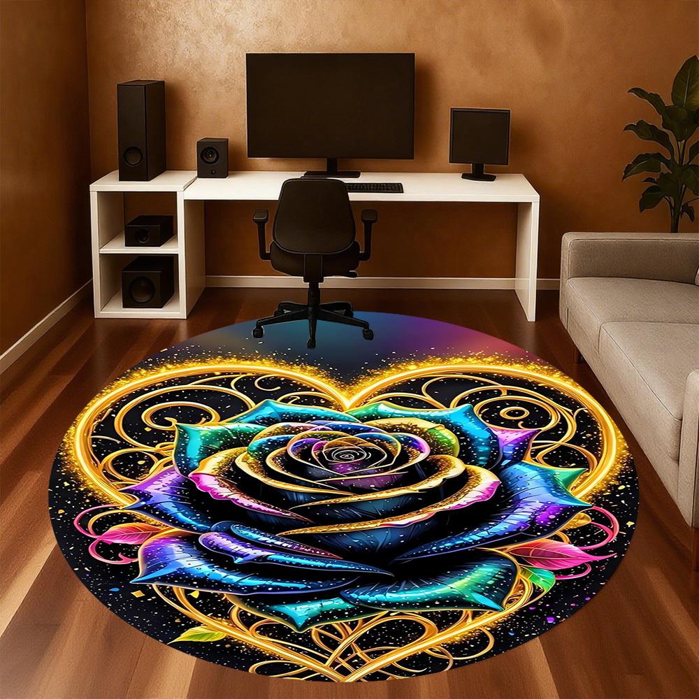 1pc Rainbow Rose Golden Heart Round Chair mat Area Rug - Non-Slip, Floor Mat for Office, Bedroom, Ideal home decor Christmas Gift p0811465