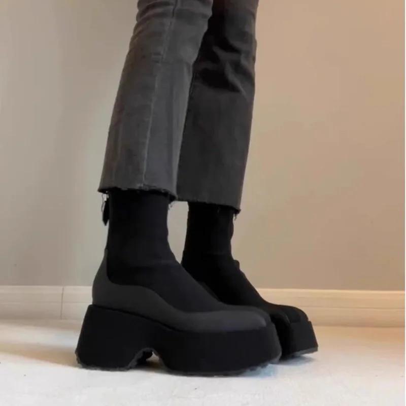 Elastic Chelsea Boots Women's Thick Bottom Heightening Slim Boot Black Short Sock Boot Zipper Back Female Round Toe Shoes