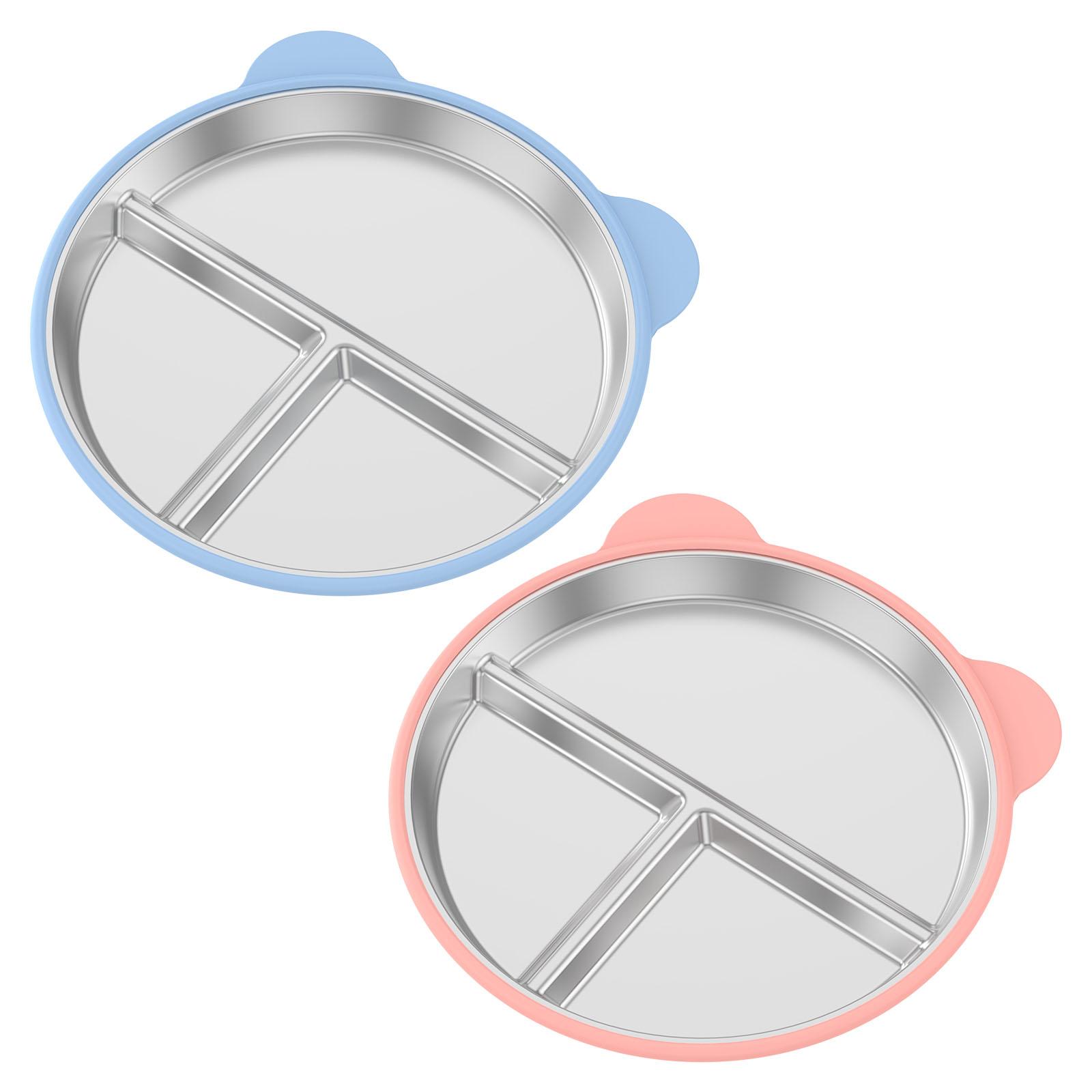 

2Pcs New Kids Tableware 304 Stainless Steel Divided Plate with Silicone Suction Base for Babies Toddler Plate Divided Baby Plate