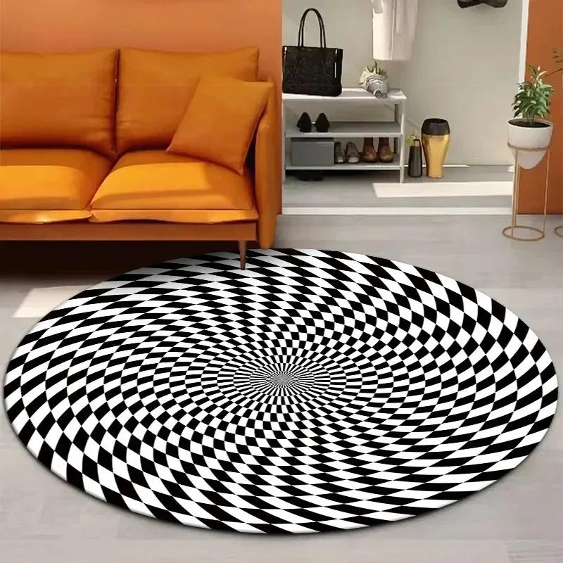 Crystal Velvet Psychedelic Round Rug, Abstract Geometric Illusion Print Non Slip Floor Mat for Living Room, Bedroom, Sofa Decor