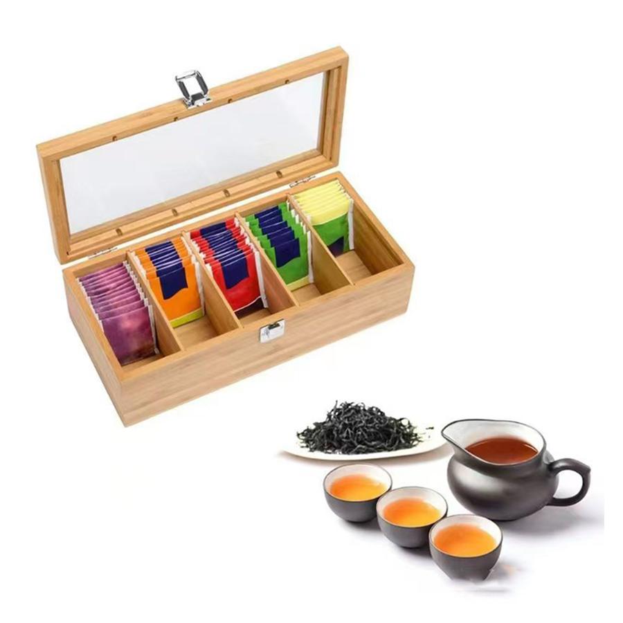 Bamboo Tea bag Storage Box Portable Teabag Holder with 5Compartments Multipurpose Tea Packet Box for Home Office Spices