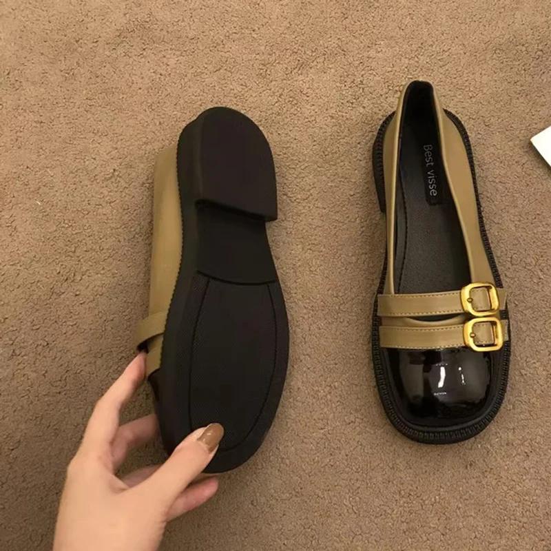 Fashion Vintage Double Buckle Low Heel Loafers for Women 2025 Spring Patchwork Pu Leather Flats Women