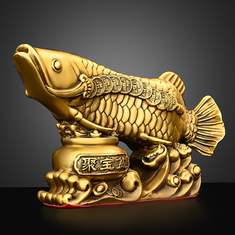 Solid Brass Ornament Treasure Bowl Golden Dragon Wealth Fish Home Living Room Study Office Desktop Decoration Bra