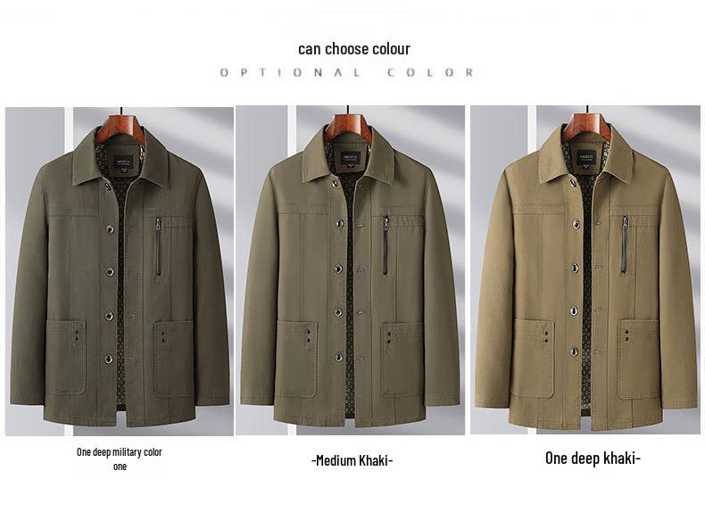 Men's Mid-length Cotton Jacket: Spring/Autumn, Lapel, Button-up, Dad Style, Plus Size for Middle-aged/Elderly