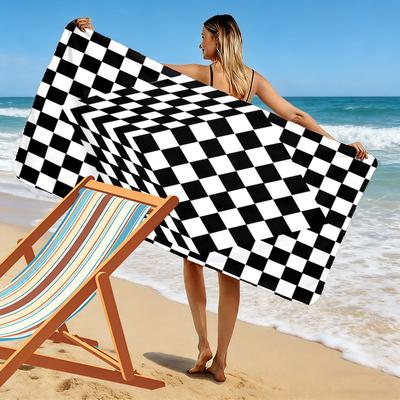 Black and White Checkerboard Visual 2D Flat Print Beach Towel, Large Soft Quick Dry Towel for Beach Camping SwimmingZSTJ0915205