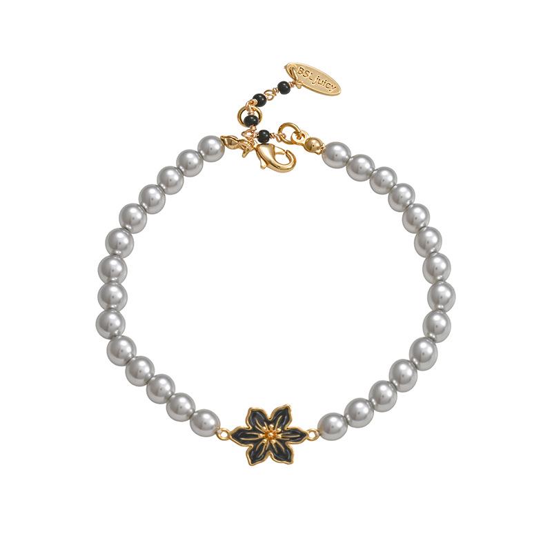 Chinese Enamel Black Lily & Gray Pearl Beaded Bracelet: Exquisite Gift Jewelry