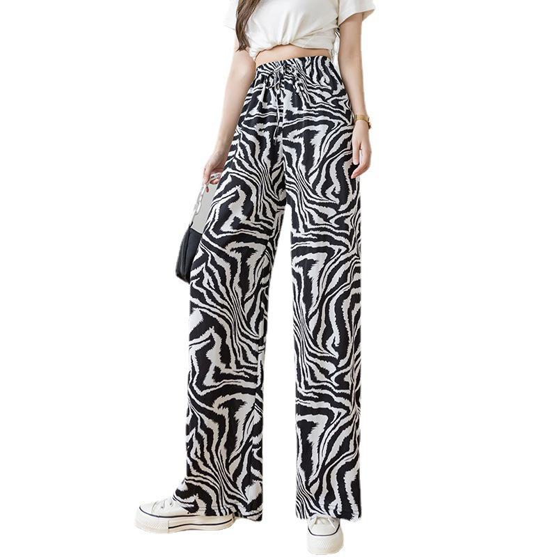 Women's 2026 Summer Ink Painting Wide-Leg High-Waisted Checkered Ice Silk Pants