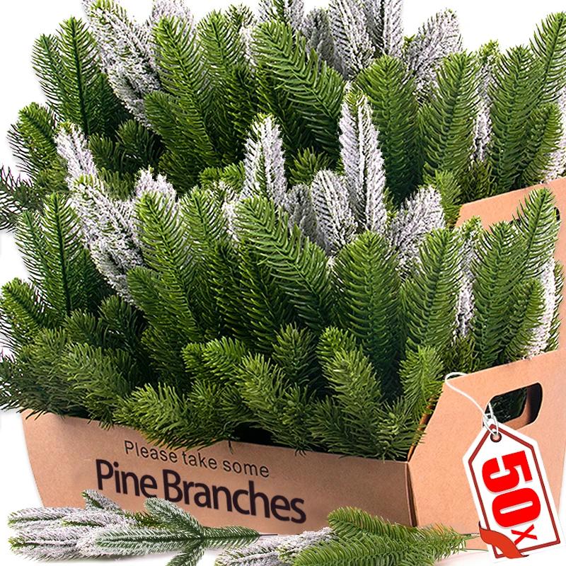 50/5x Artificial Green Pine Branch Leaves Christmas Decoration Xmas Tree Home Room Decor New Year Christmas Garland Accessory