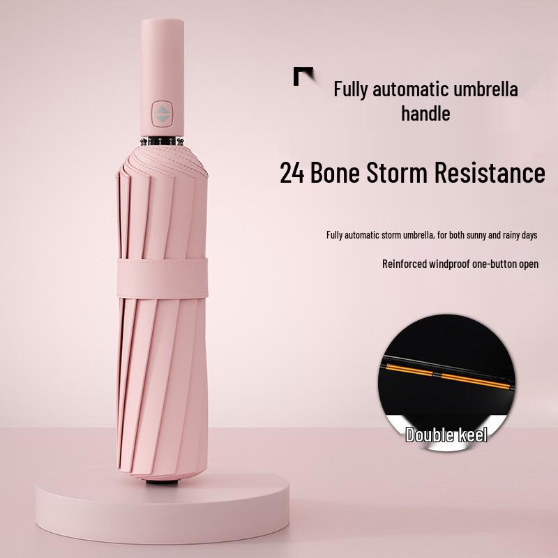 Vollautomatischer dreifach faltbarer UV-Schutz-Schirm mit schwarzem Kleber und Logo für Regen oder Sonne