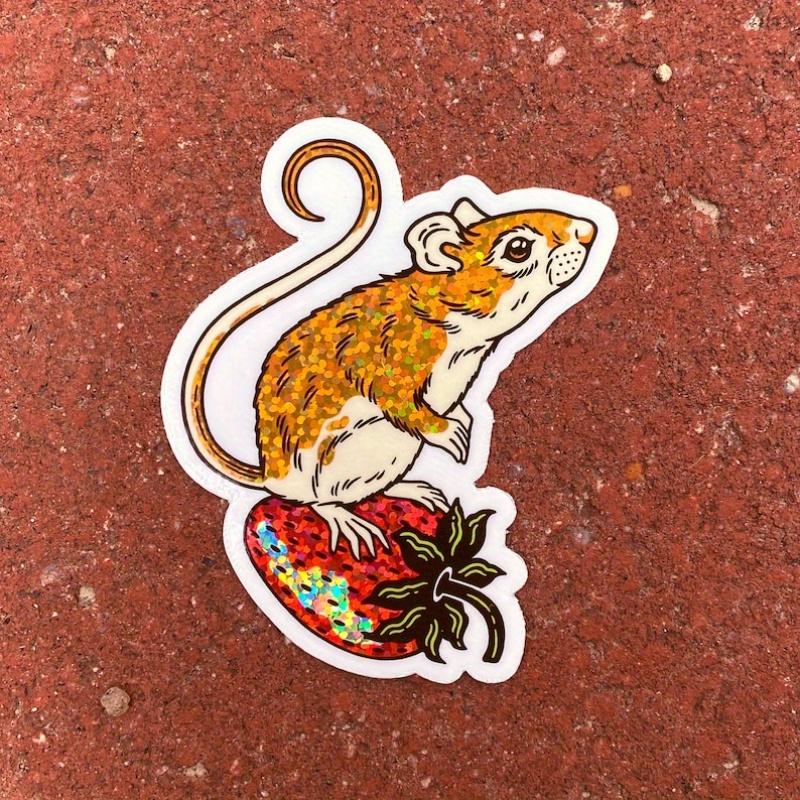 Strawberry Mouse Sticker - Glitter Rainbow Sticker - 2.3x3 Vinyl Sparkle Sticker - Nature Water Bottle Sticker - Cute Animal Laptop Sticker