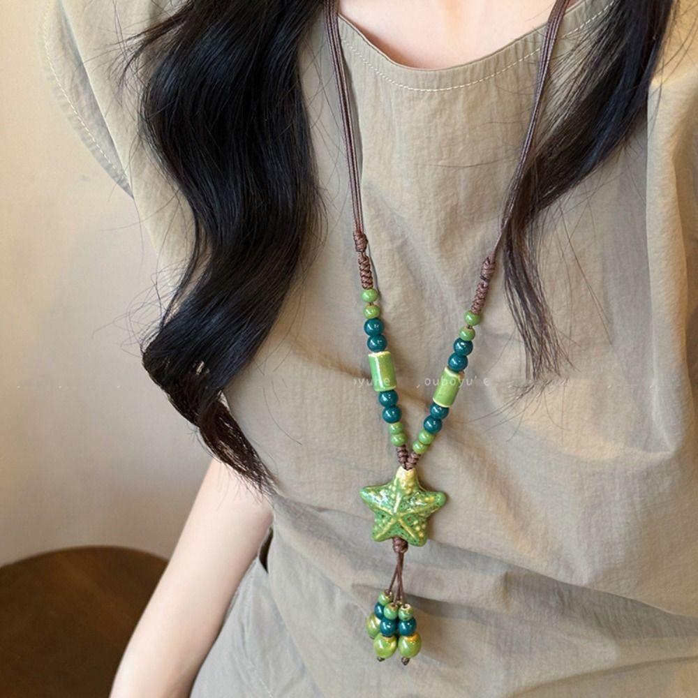 Colorful Beads Long Sweater Chain Ceramic Bohemian Style Necklace Ethnic Style Necklace  Women