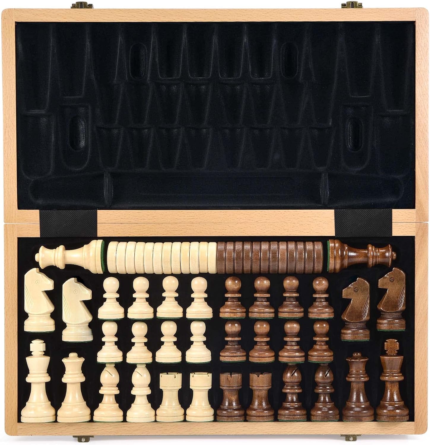

15Inch/39cm Wooden Chess &Checkers Set Weighted Chess Pieces 2 Extra Queens 24 Checkers Storage Slots 2-in-1 Classic Board Game