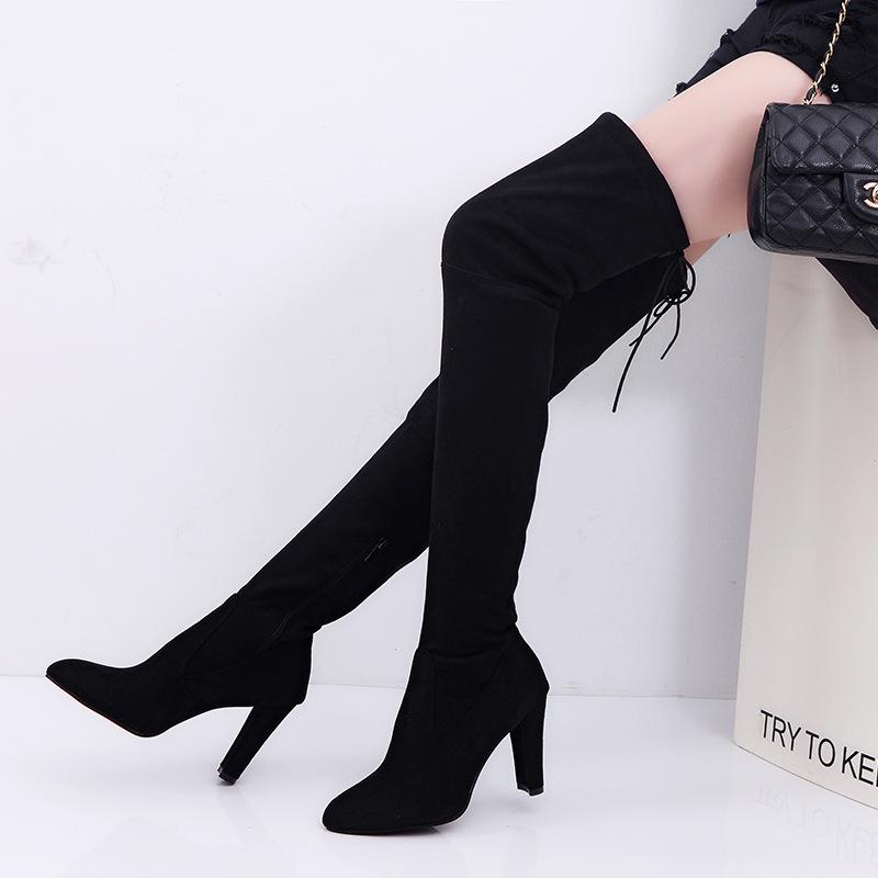 European & American Plus Size Over-the-Knee High Heel Pointed Toe Frosted Zipper Women's Boots for Spring & Autumn Winters