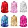 Mädchen Umlegekragen Langarm Klappentaschen Metallic Jacke Glänzender Faltenrock Tanzaufführung Outfit