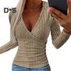 Dámské podzimní jednobarevné topy s hlubokým výstřihem do V, halenka s dlouhým rukávem, elegantní slim fit, knoflíky, dekorace, žebrované svetry