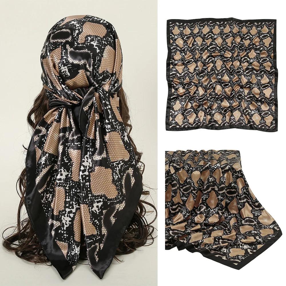 

90*90cm Square Silk Scarf Women Print Scarves Satin Shawl Wrap Hijab Female Headband Bandana Foulard Neckerchief 90cm кофейный