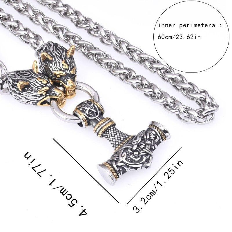 Viking Style Wolf Head Hammer Pendant Necklace With Runes For Men