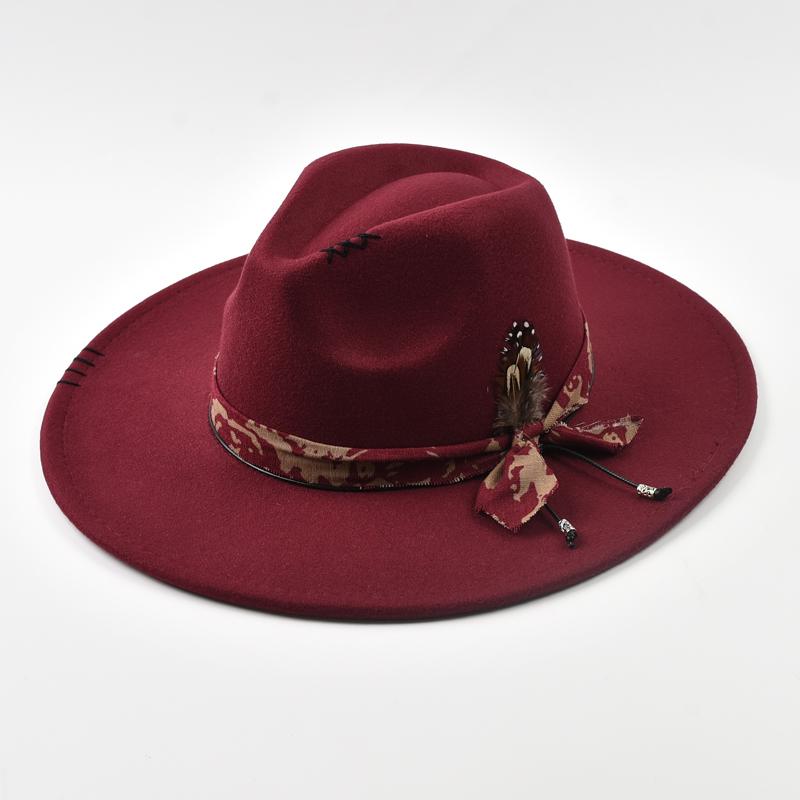 

Handmade Feather Accessories Fedoras Hat Vintage Wide Brim Soft Felt Hat Fashion Party Jazz Hats One Size малиновий