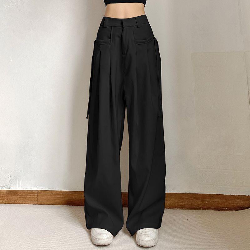 Hong Kong Style Retro Brown Wide Leg Suit Pants for Women In Spring and Autumn, Designed with A Sense of Maillard, with Straps and A Sense of Drape