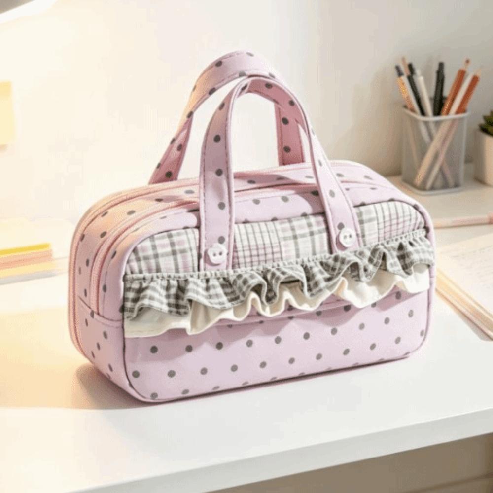 Multi-Layer Lace Stationery Pouch Plaid Polka Dot Lace Stationery Bag Lace Pencil Case Office Use