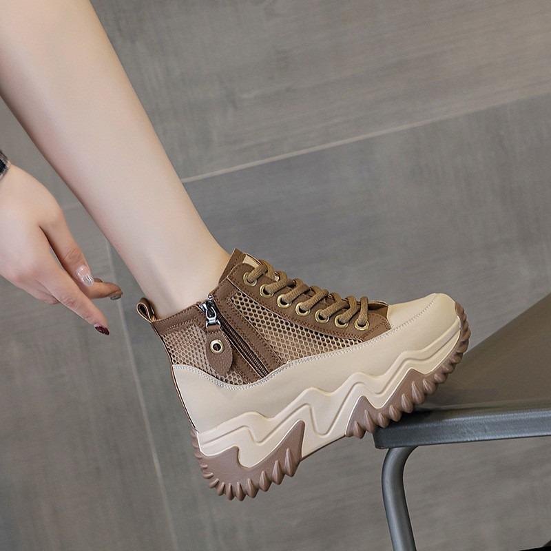 Autumn and winter new thick-soled cm height-increasing casual women's cotton shoes trendy short boots lace-up zipper high-top women's shoes