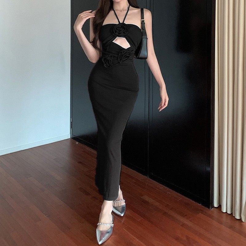 

Celebrity Style Long Skirt Flower Cutout Halterneck Dress Sexy Socialite Style Long Skirt for Women Black L
