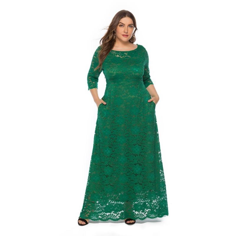 Trendig Plus Size Spetsad Kvällsklänning med Fickor och Urskurna Korta Ärmar